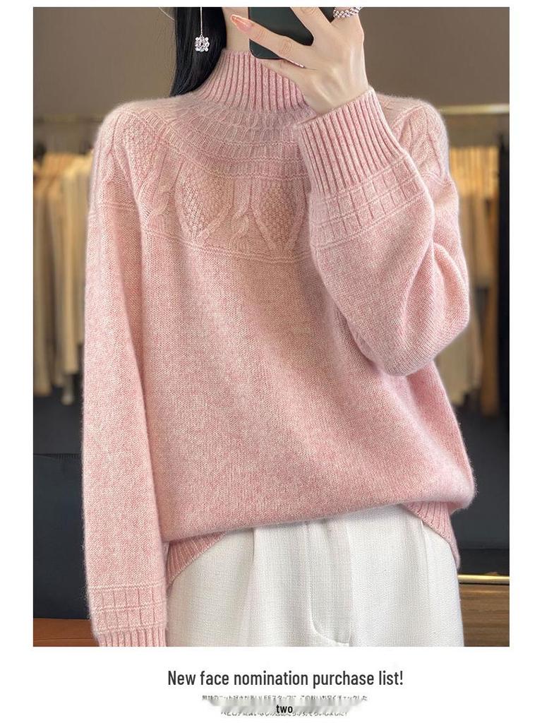 Women's Cashmere Sweater, 100% Wool, Semi-High Neck, Loose Fit, Perfect for Autumn and Winter.