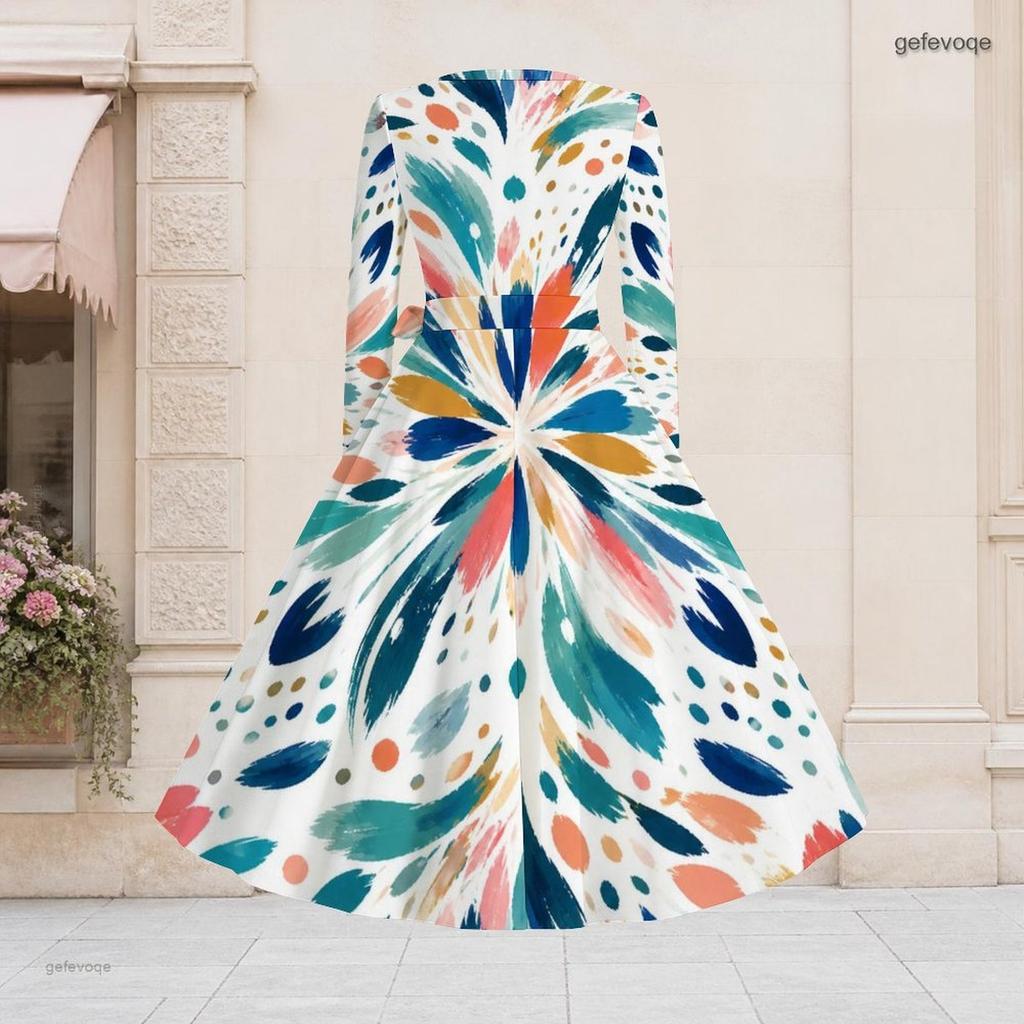 Women Plus Size V Neck Long Sleeve Printed Tie Waist A Line Flared Midi Dress