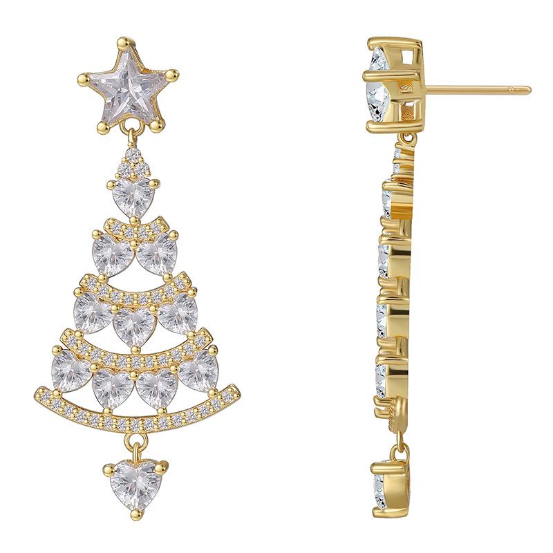 

E0541 High-End Christmas Tree Earrings for Women: European & American Style, Copper with Gold-Plated Zircon Copper with 18K Gold Plating