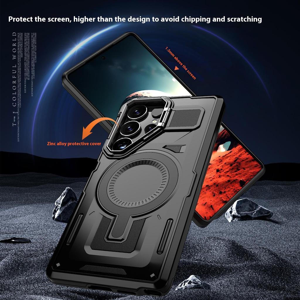 For Samsung Galaxy S25 Ultra Case Compatible with MagSafe Hollow Lens Frame Kickstand PC+TPU Phone Cover