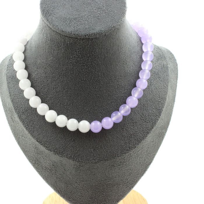 Pierres et Minéraux. Collier perles Aigue-marine + Calcédoine lavande 8 mm. Chaine en acier Collier femmes, hommes. Taille personna