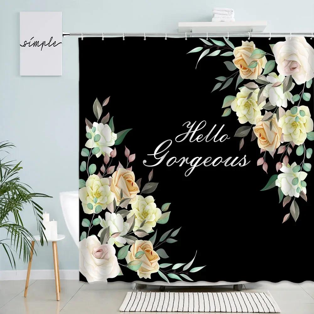 Plant Flowers Shower Curtains Pink Rose Butterfly Dandelion Simple Floral Black Bath Curtain Modern Print Fabric Bathroom Decor