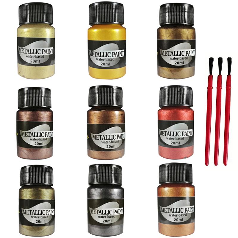 9 Bottles 20ml Multi-tones Metallic Acrylic Paint Set Paint Brushes Gloss Waterbased Pigment DIY Craft Stone Art Ornament