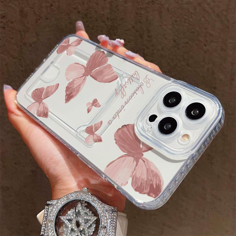 Butterflies Printed Soft TPU Clear Shockproof Casing Protective Cover Transparent Full Back Case with 1 Card Slot Holder
