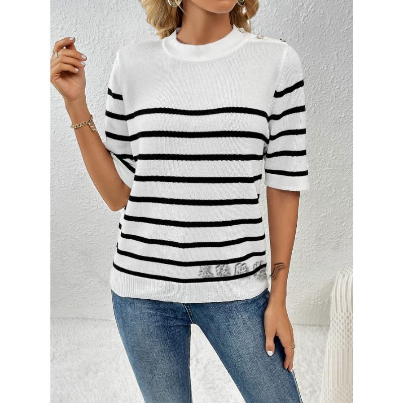 Women S Striped Button Spliced Pullover Round Neck Short Sleeve Knit Sweater