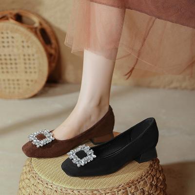 Low Heel Square Head Single Shoes Spring Suede Rhinestone Square Buckle Professional Work Work Shoes Black