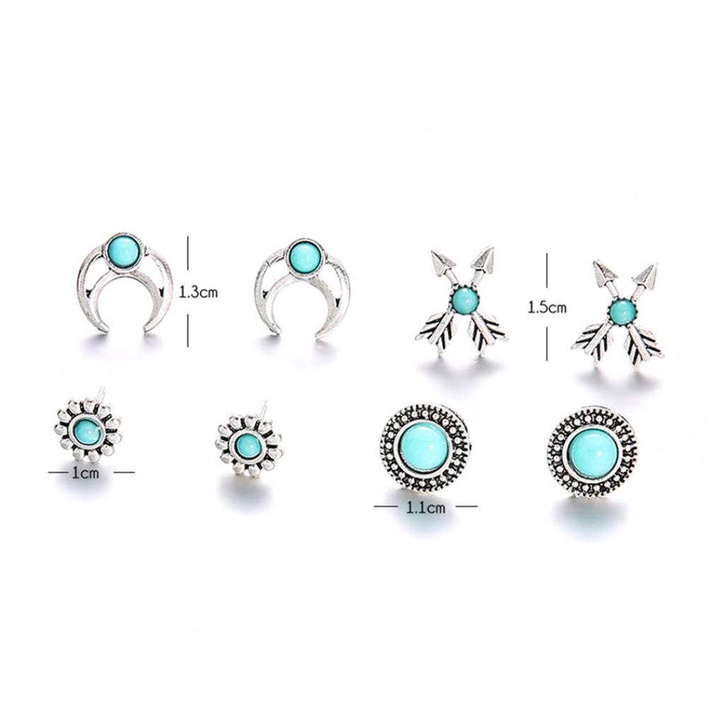 4Pairs Girls Women Flower Arrow Ear Studs Set Faux Turquoise Jewelry Earrings
