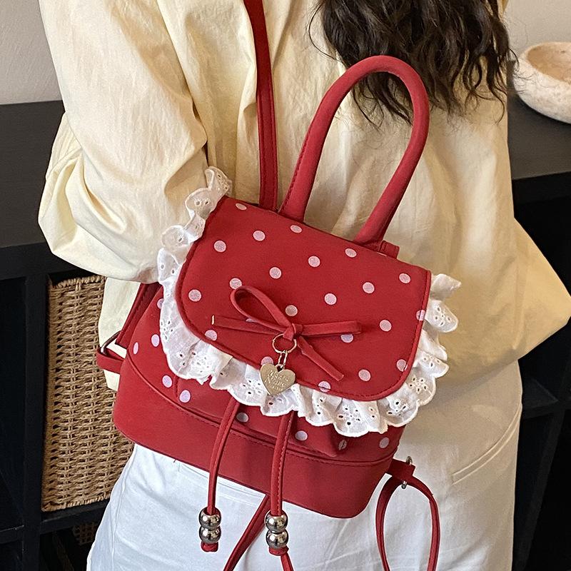 Zaino1011 nuovo carino pizzo pois zaino femminile senmeng alla moda moda semplice fiocco borsa a mano zaino