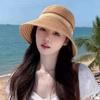 Flat Brim Hollow Straw Cap Contrast Stripes Sun Hat Simple Wide Brim Bucket Hat  Outdoor