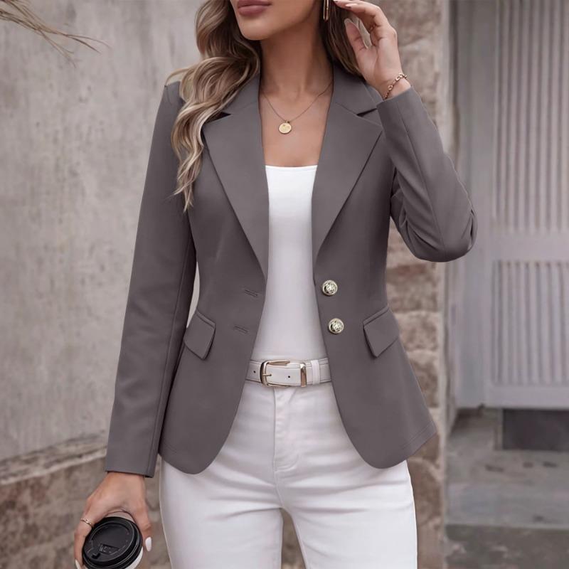 Women S Long Sleeve Blazer Jacket With Turn Down Collar Two Buttons Flap Pockets