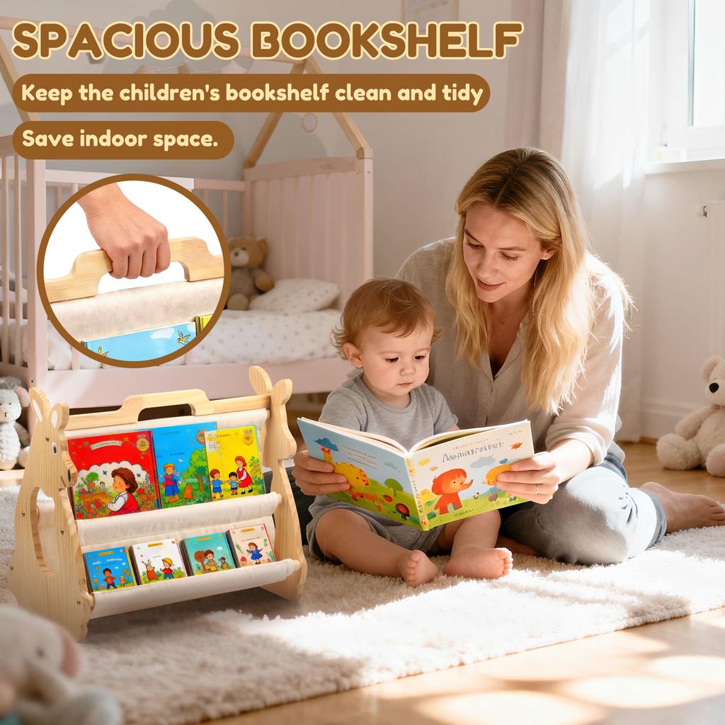 Kids Bookshelf Wooden Montessori Bookshelf with Carry Handle Toddler Picture Book Storage Rack Multi-Layer Storage Bookshelf