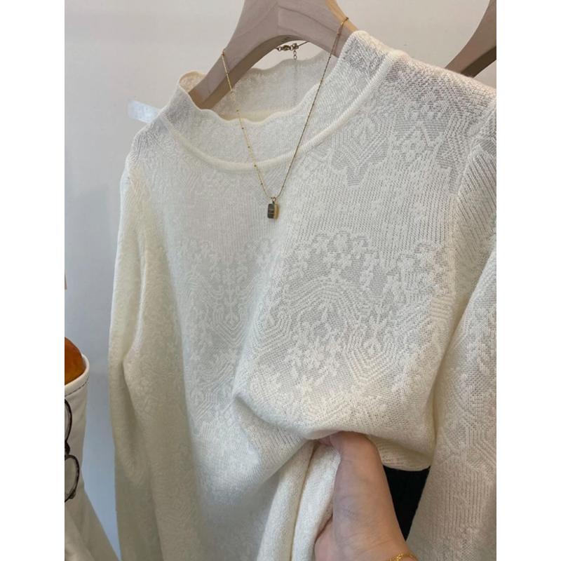 French Romantic Lace Collar with Lace Base Shirt Chic Jacquard Long-sleeved Sweater Loose Hollow Top