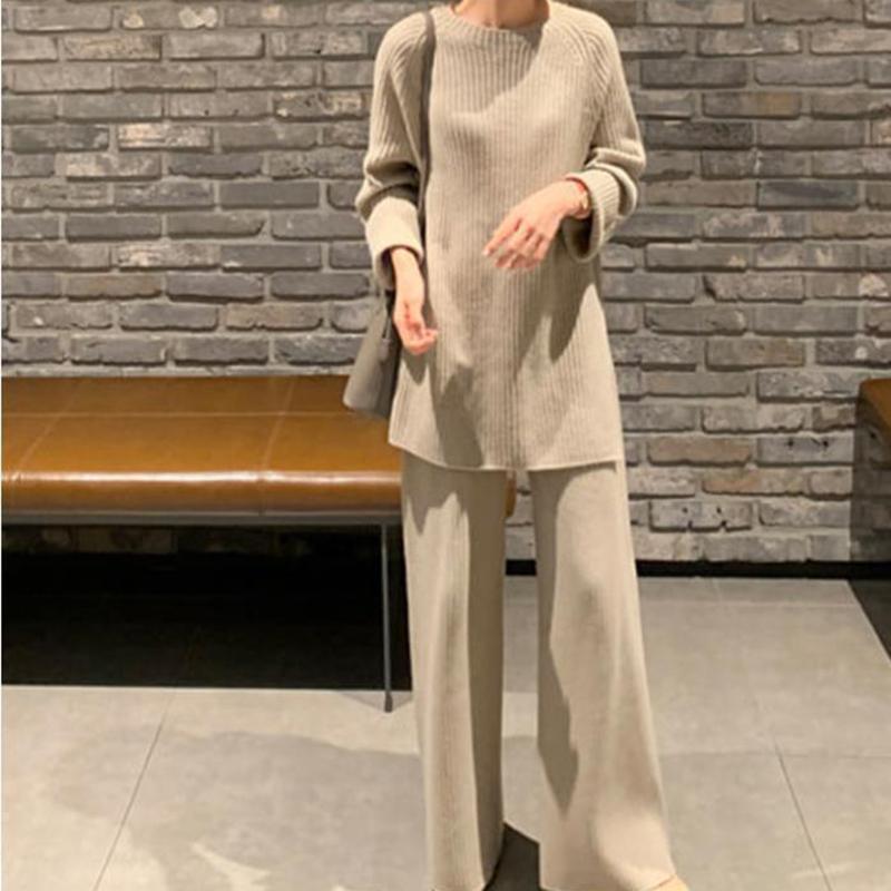 Women Elegant Sweater Suit Elegant Knitted Two Pieces Set Autumn Winter Oversized Pullover and Trousers Suit Female Outfits