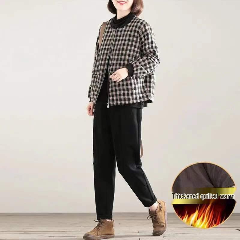 Mom's New Autumn/Winter Lightweight Plaid Cotton Jacket - Loose Fit, Plus Size, Casual Korean Style Outerwear for Women