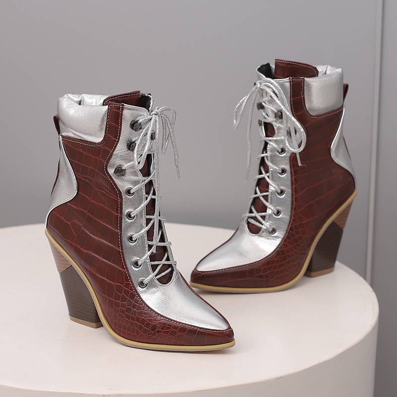 Krazing Pot Polyurethane Autumn Winter Shoes 47 Size 48 Super Size Wedges Pointed Toe Lace Up Serpentine Fashion Ankle Boots