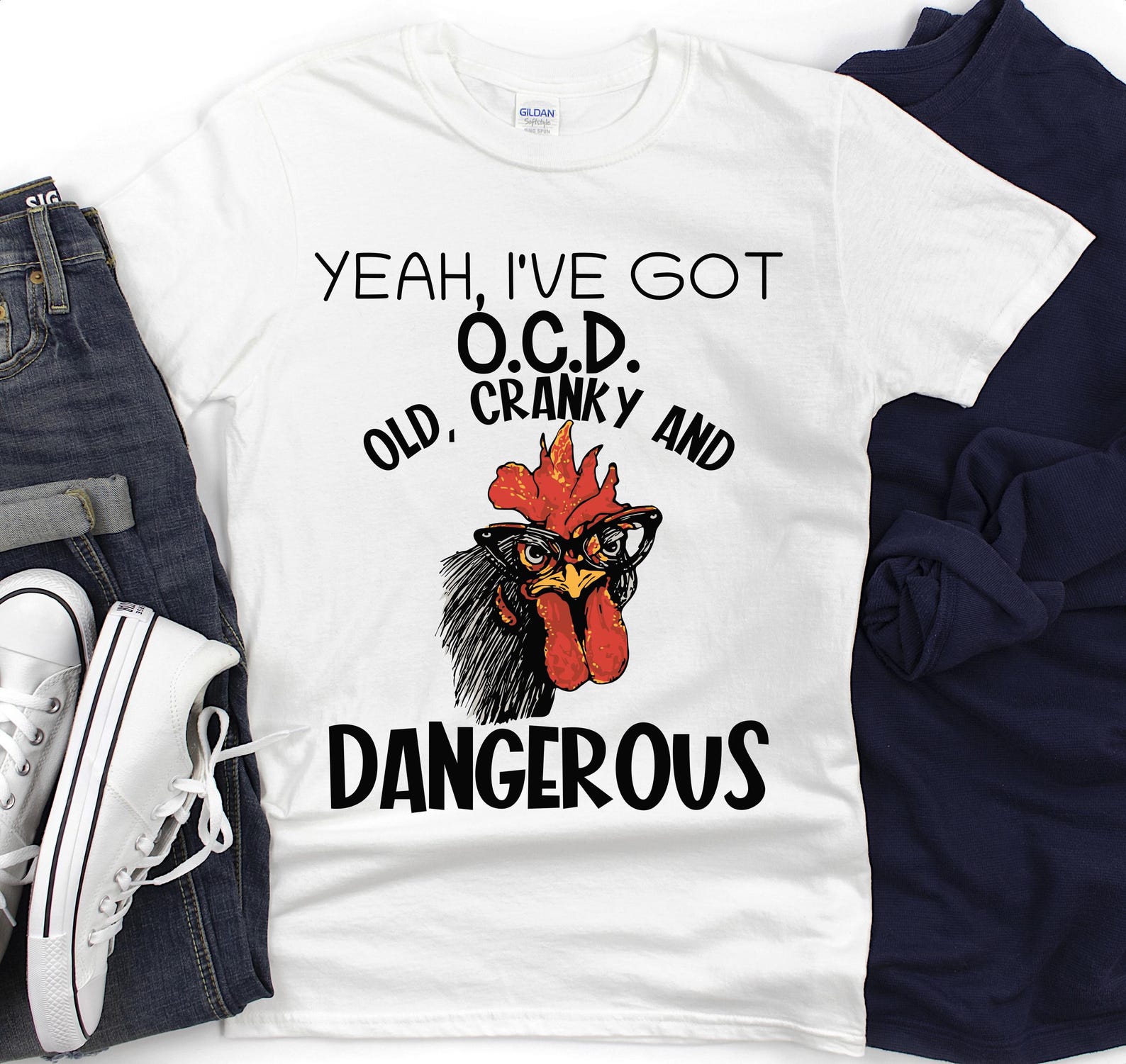 Sarcastic Chicken Lover Tee | Funny I ve Got OCD Old Cranky and Dangerous Shirt S