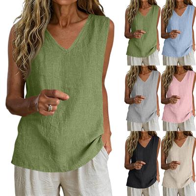 Sleeveless V Neck Linen Tops for Women UK Loose Fit Ladies Linen Tops Casual Linen Shirt Women Summer Womens Linen Tops
