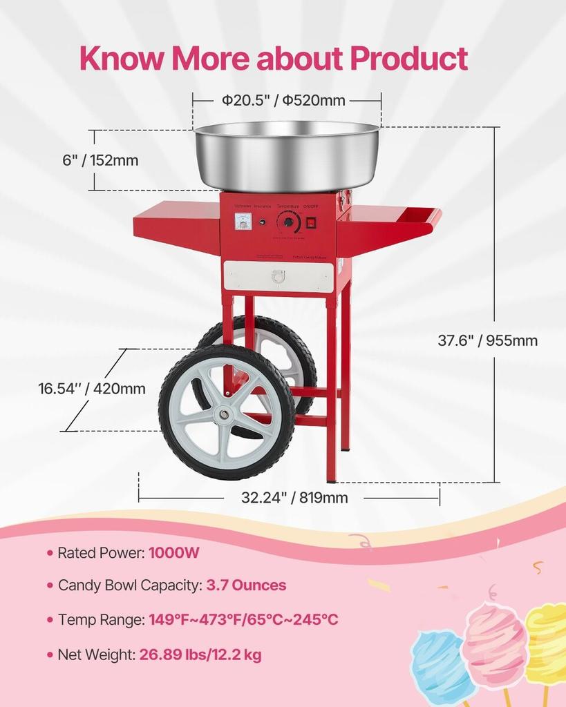 Commercial Cotton Candy Machine with Cart Sugar Floss Maker 1000W Red