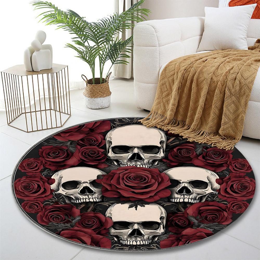 Skulls and Roses Gothic Design Print round rug, living room, bedroom, playroom carpet, non slip floor mat, gift