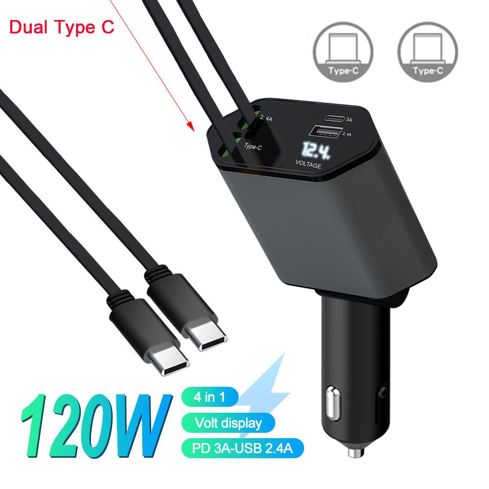 100W 4 IN 1 Retractable Car Charger USB Type C Super Fast Charge Cigarette Lighter Adapter Compatible for IPhone Samsung