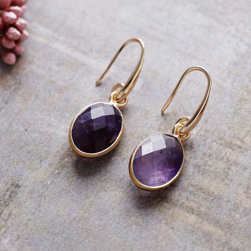 Luxury New Natural Stone Crystal Geometric Earrings Ear Hook Earrings Europe, America, Japan and Korea Simple Design Real Gold Plated Popular Jewelry