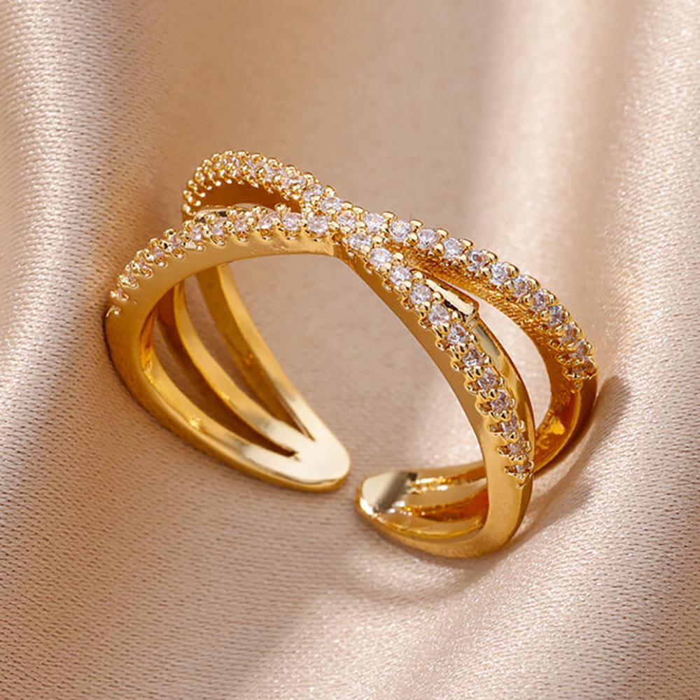 18K Gold Plated Open Ring with Zirconia Leaf Design - Luxurious, Non-Fading, Ideal for Women