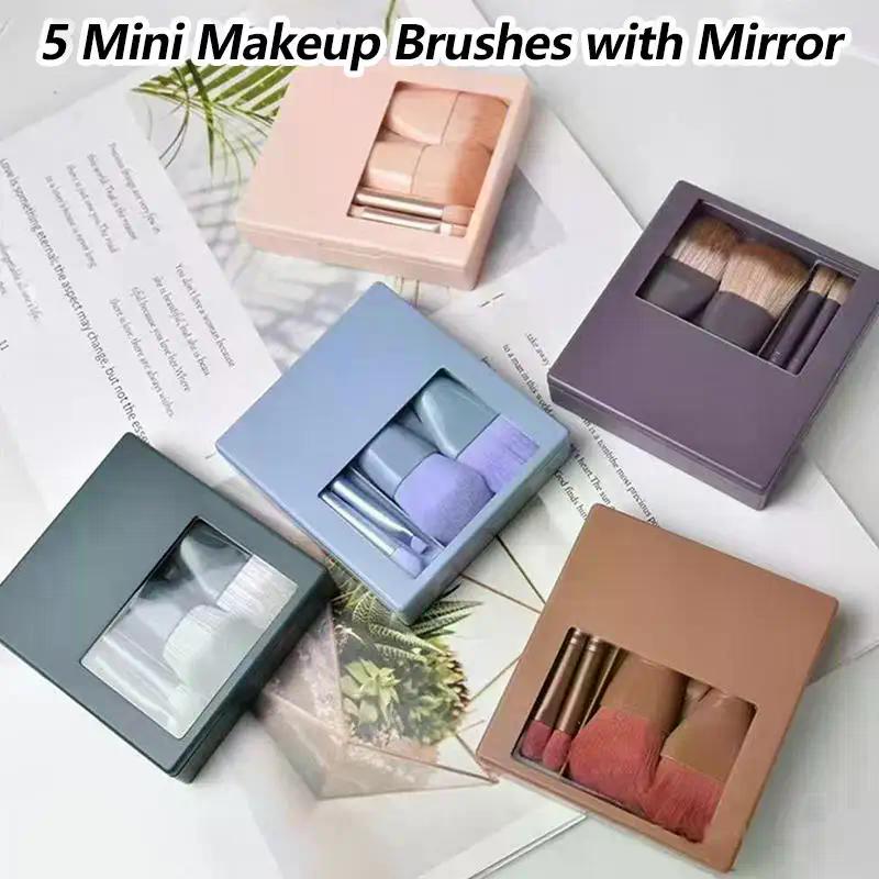 5Pcs Portable Makeup Brush Set With Mirror - Foldable Travel Kit ,Mini Makeup Brush Set Travel Makeup Brush Set