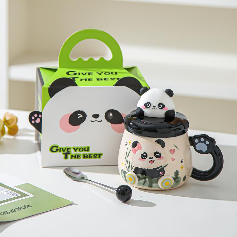 Cartoon Panda Mug with Lid Girl Cute Ceramic Office Home Couple Drinking Water Souvenir Birthday Gift