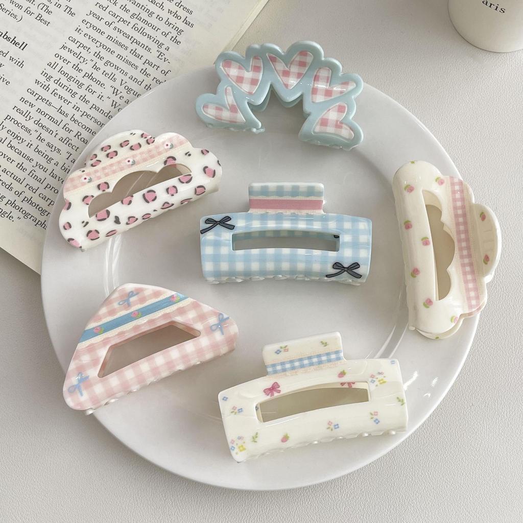 Floral Plaid Bow Claw Clip - Acrylic Hair Accessory for Updo Hairstyles