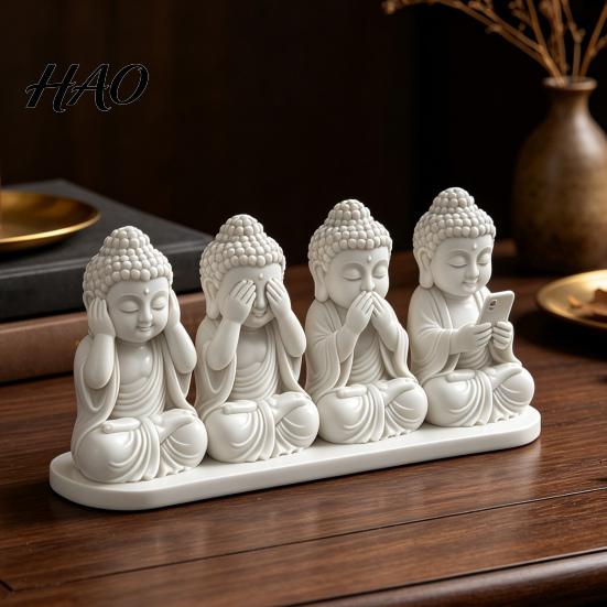 Artistic Tabletop Centerpiece 4-in-1 Mini Buddha Statue, See Hear Speak No Evil And Phone, 3D Printed Trendy Office Gadgets Zen Monk Feng Shui