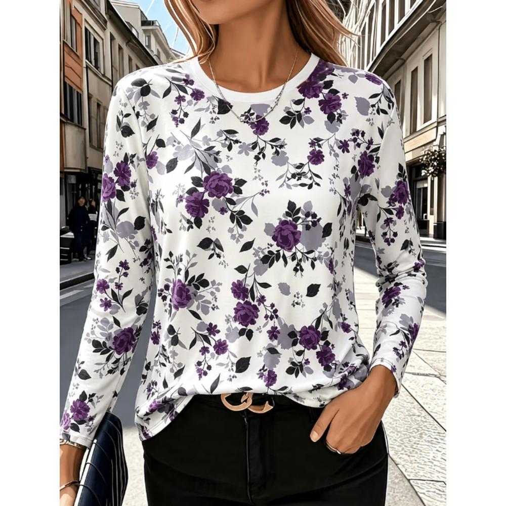 Tops for Women Floral Print  Round Neck Long Sleeve T-shirt Fall Casual Slim Pullover Women's Long Sleeve Top