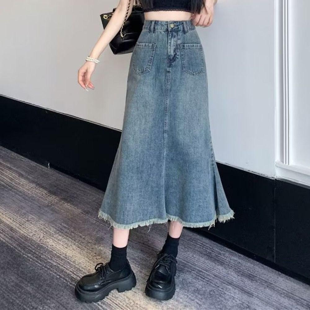 Solid Color Denim Skirt Women High Waist A-line Half Dress Simple Hairy Fishtail Skirt Daily