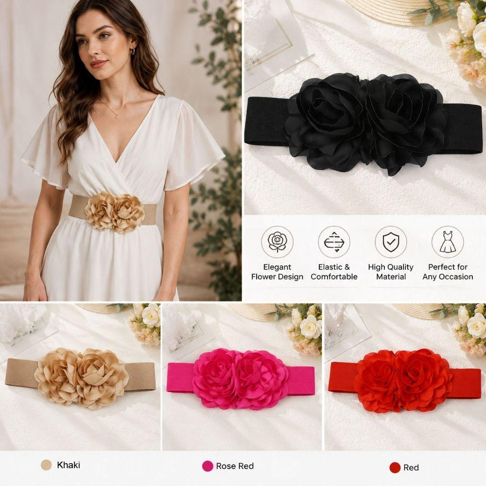 Large Flowers Stretch Waistband Wide Corset Belt Elegant Waist Belt  Dress Accessories