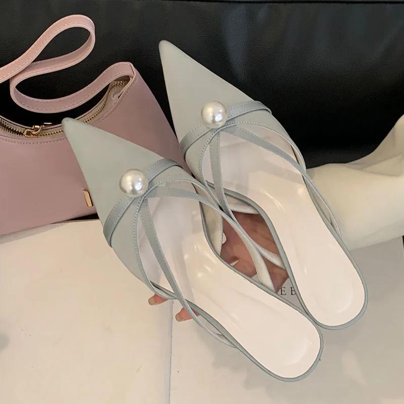Fashion New 2025 Slip On Footwear Women Heels Pumps Mules Shoes Pointed Toe Fashion String Bead Ladies Medium Heels Shoes Female Slides