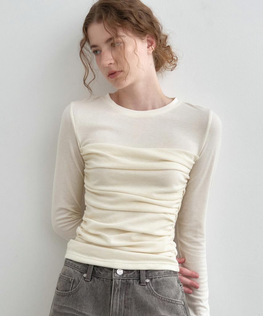 MONGDOL Tube Top Shirred Layered T-Shirt Cream Mdts083Cream