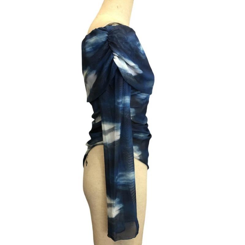 T-shirt Top da Donna a Maglia Rete Stampata Scollo a Barca Sulla Spalla Manica Lunga Vestibilità Slim