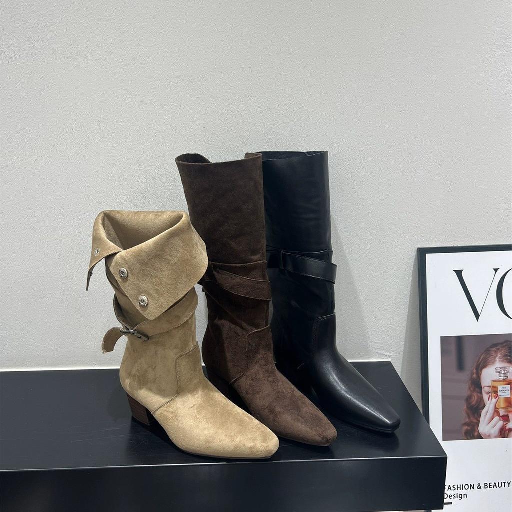 High Heel Pointed Brown Knight Boots Women's Suede Boots Long Boots Medium Tube Pile 2025 Fall Winter Long Boots Skinny