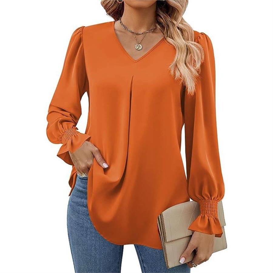 Women's Fall New Arrivals Solid Sheer Chiffon Shirt V-Neck Sleeveless Bell Sleeve Long Sleeve Top Blouse