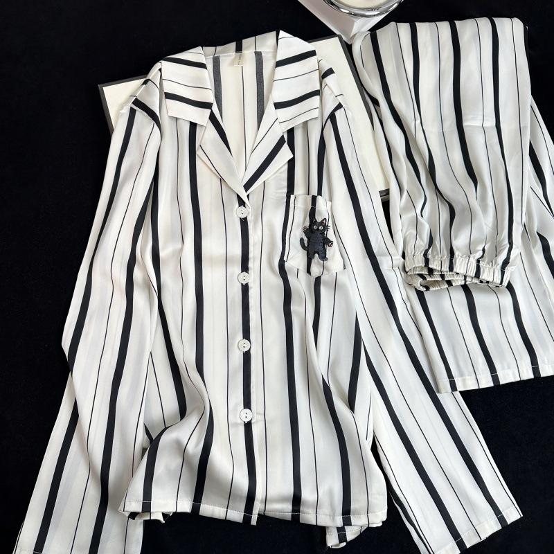 Yase Cat & Dog Diary Ice Silk Striped Cartoon Couple Pajamas - Black & White, Cute, Casual, Long Sleeve & Pants Large (L)