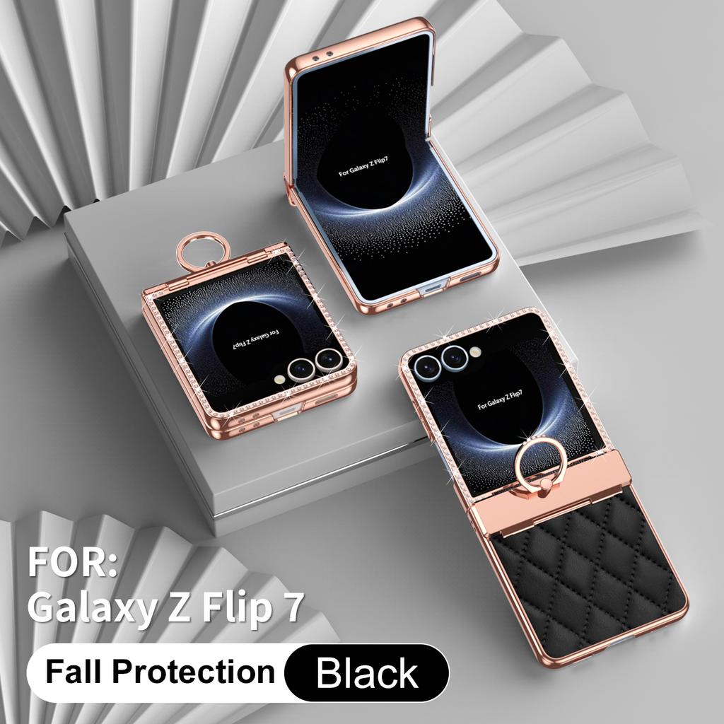 Luxury Flash Diamond Plain Leather For Samsung Galaxy Z Flip 7 Case Fold Hinge Rotating Ring Bracket Cover Optional Mirror Film