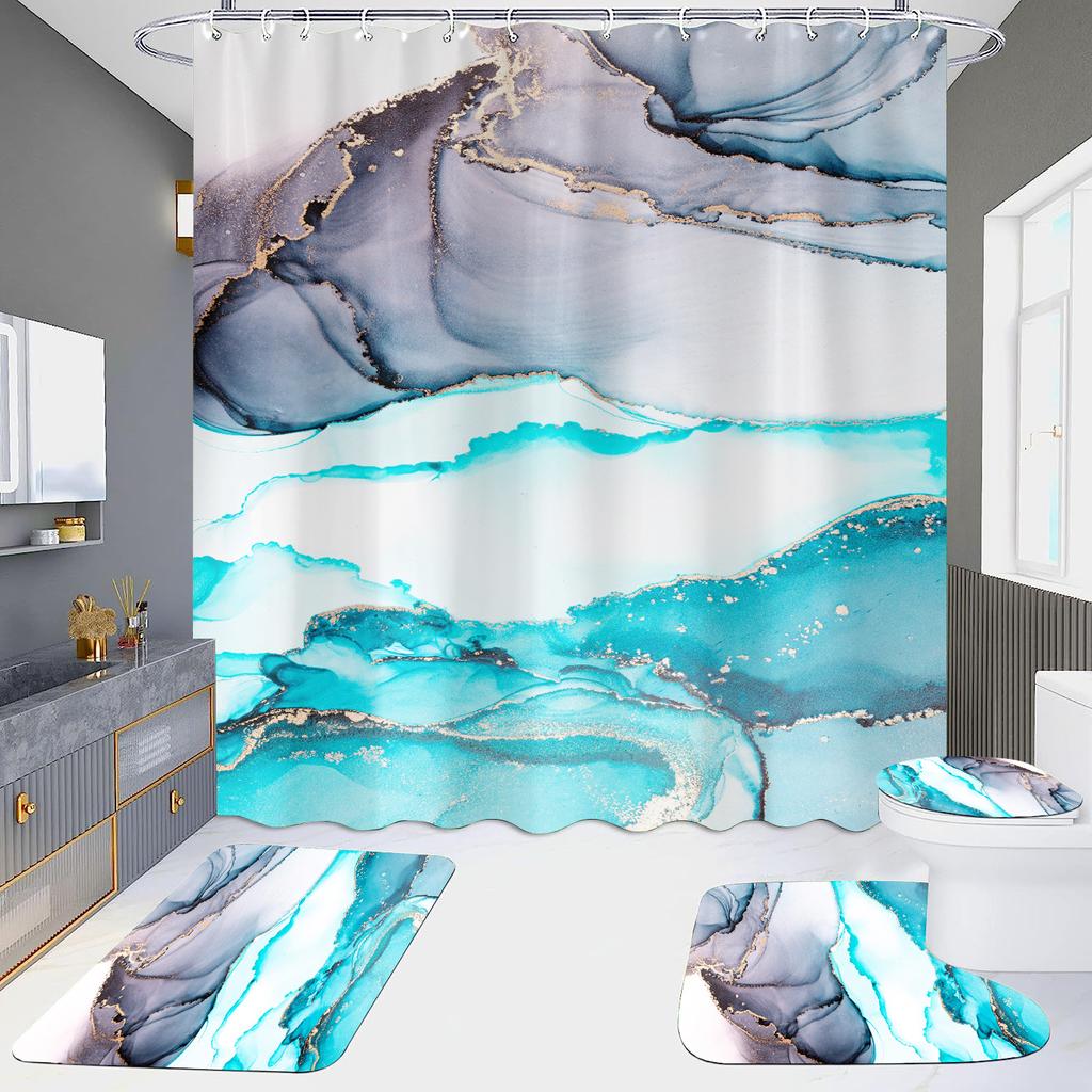 4Pcs Marble Series Shower Curtain Sets for Bathroom Non-Slip Bathroom Rugs Lid Toilet Cover Bath Mat