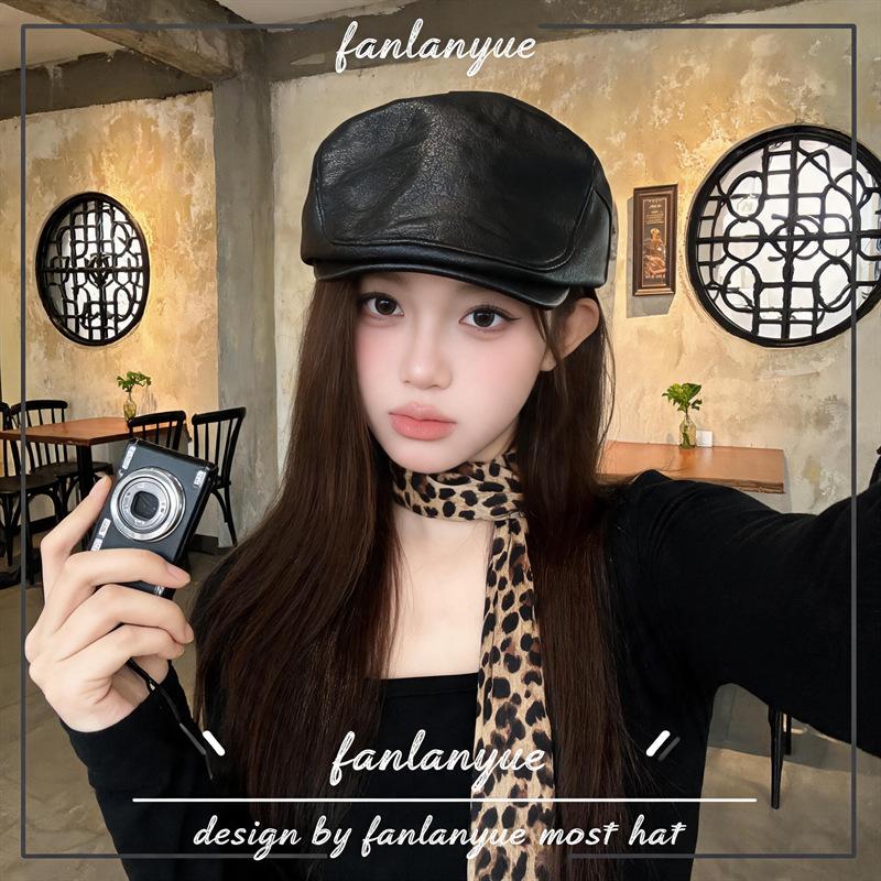 American retro street hat leather beret women's summer thin solid color casual versatile face small forward hat