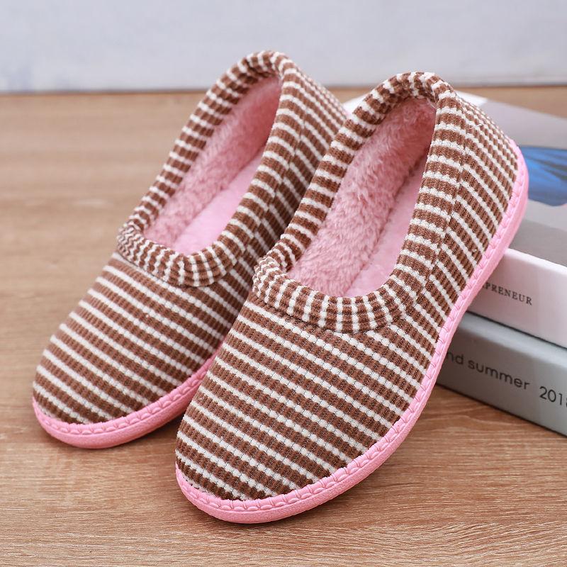 Winter Cotton Slippers Women's Cotton Shoe Bag Heel Cute Striped Indoor Cotton Slippers Non-slip Warm Plush Low-top Confinement Shoes