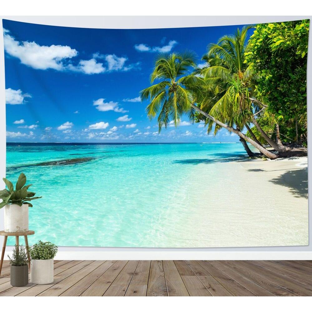 Tapestry blue sky ocean palm tree 75x100