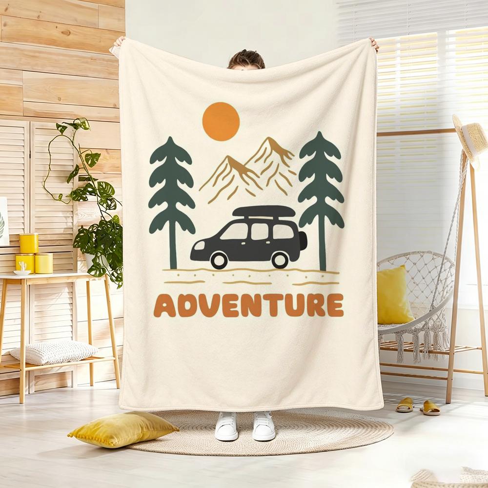 Illustration R-Retro Camping Throw Lightweight 240g Flannel Blanket Soft Skin-friendly for Summer Cooling