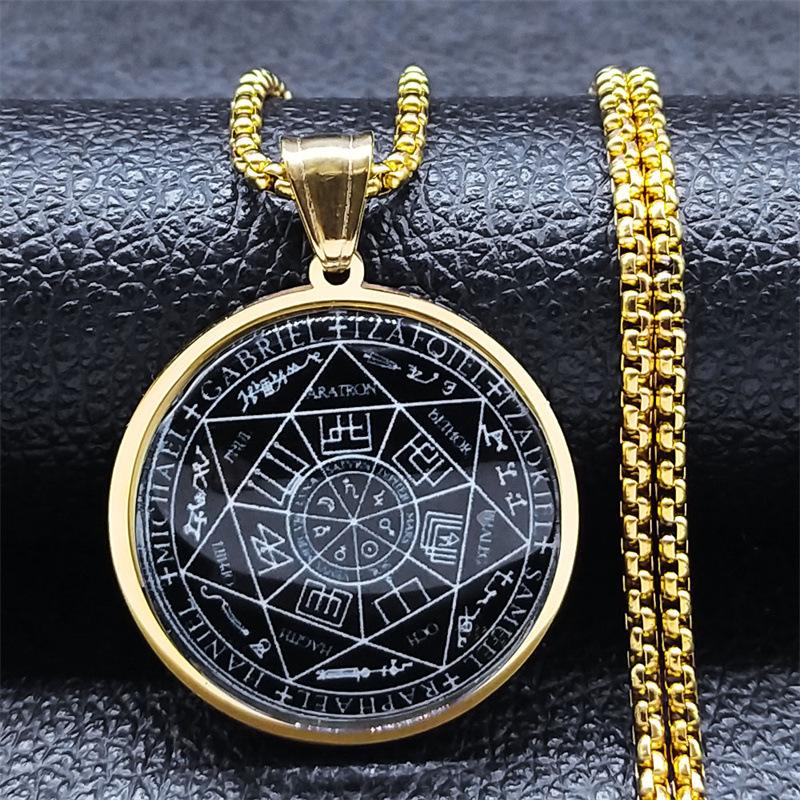 1Pc Seven Archangels Medal Stainless Steel Glass Necklace Solomon Talisman Necklace Protective Jewelry Medal