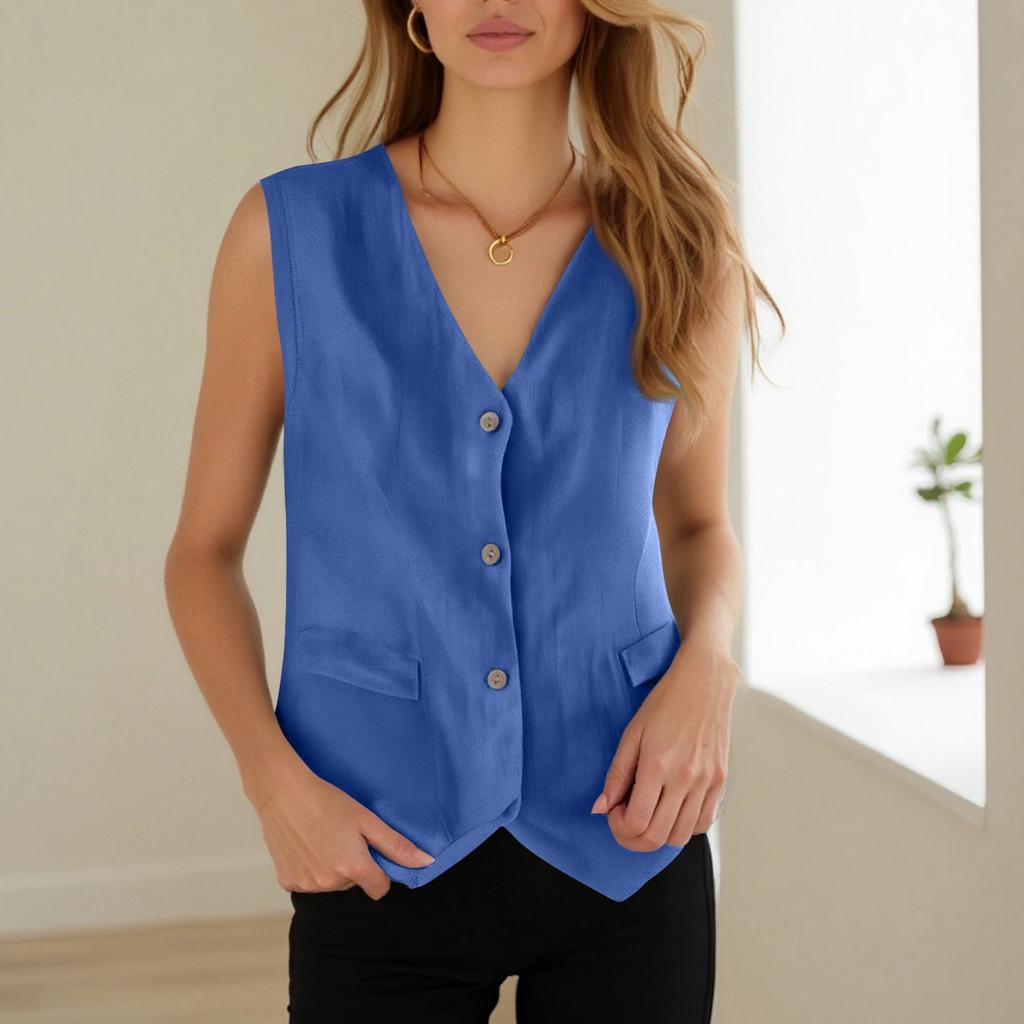 Dámská ležérní jednobarevná bavlněná a lněná vesta na knoflíky bez rukávů