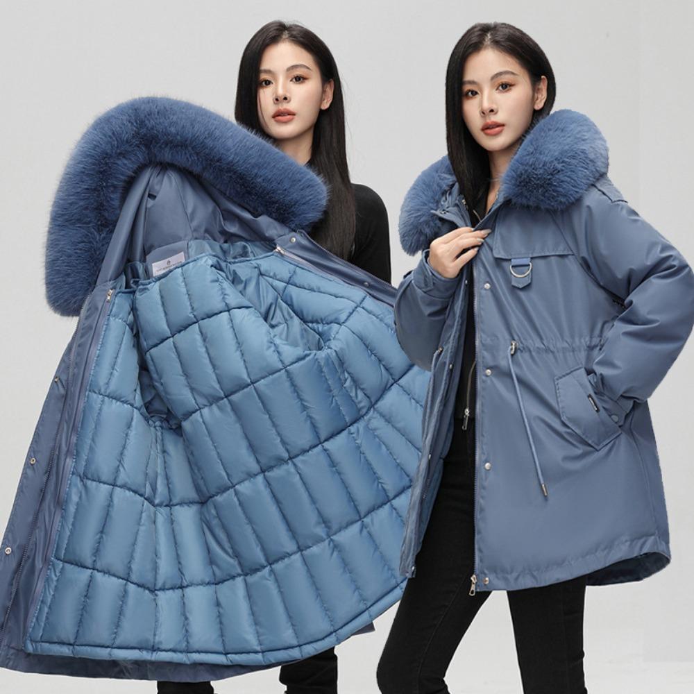 Padded pie overcomes women's winter new Korean version of waist and thin hooded big fur collar cotton clothes medium and long cotton clothes