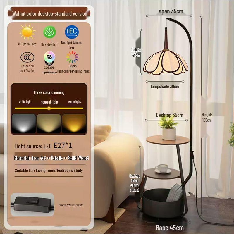 Chinese-Inspired Floor Lamp with Side Table and Storage, Perfect for Living Room Décor