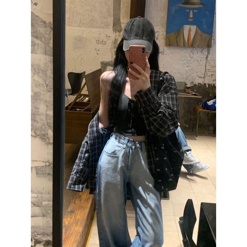 Kumikumi American Retro Gingham Polo Collar Shirt Coat Women's Clothing Early Autumn Mid Length Long Length BF Style Loose Tops